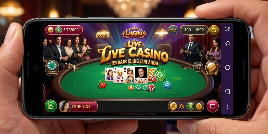 Screenshot menunjukkan dealer profesional di meja permainan Live Casino.