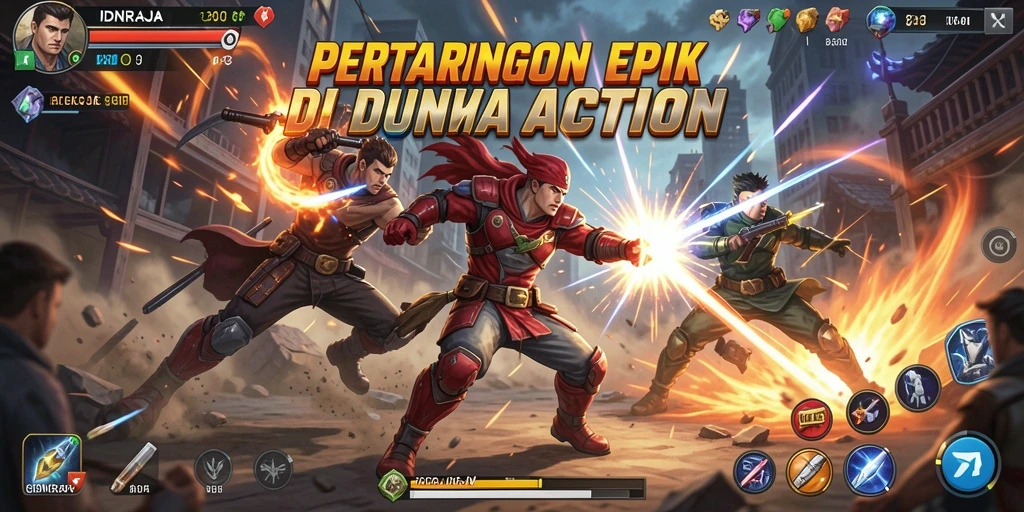 Screenshot utama IDNRAJA menampilkan karakter beraksi dalam pertempuran seru.