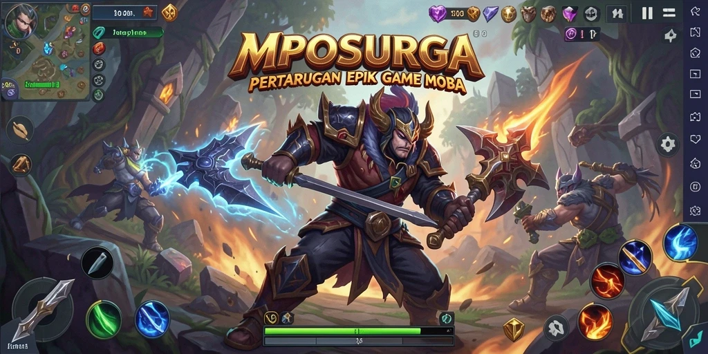 Tampilan screenshot utama MPOSURGA menampilkan pertarungan seru di medan perang.
