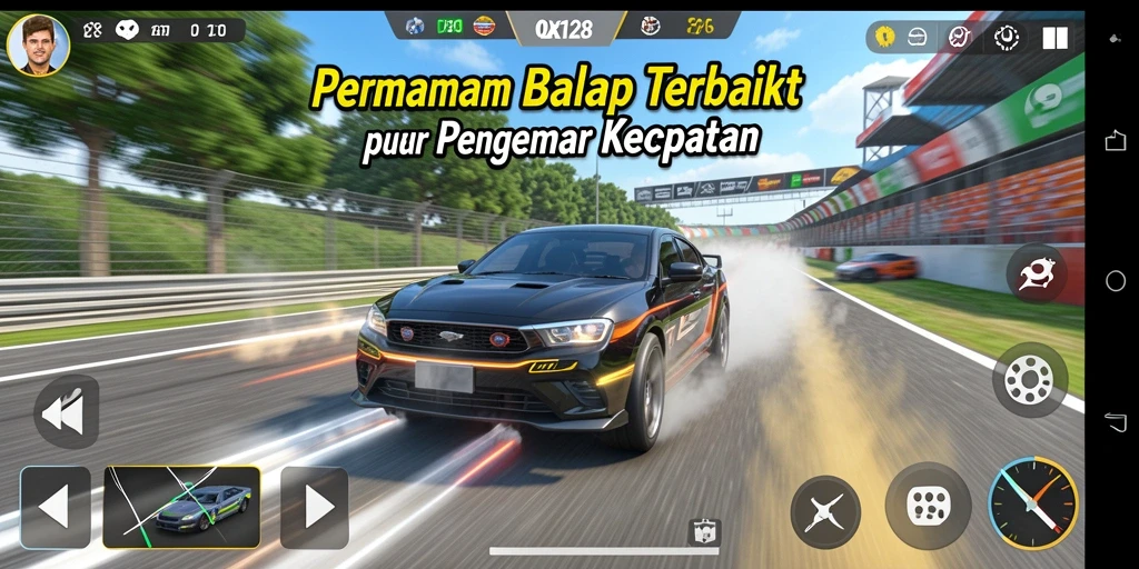Tampilan gameplay balap yang intens di OLX128 dengan banyak kendaraan dan trek.