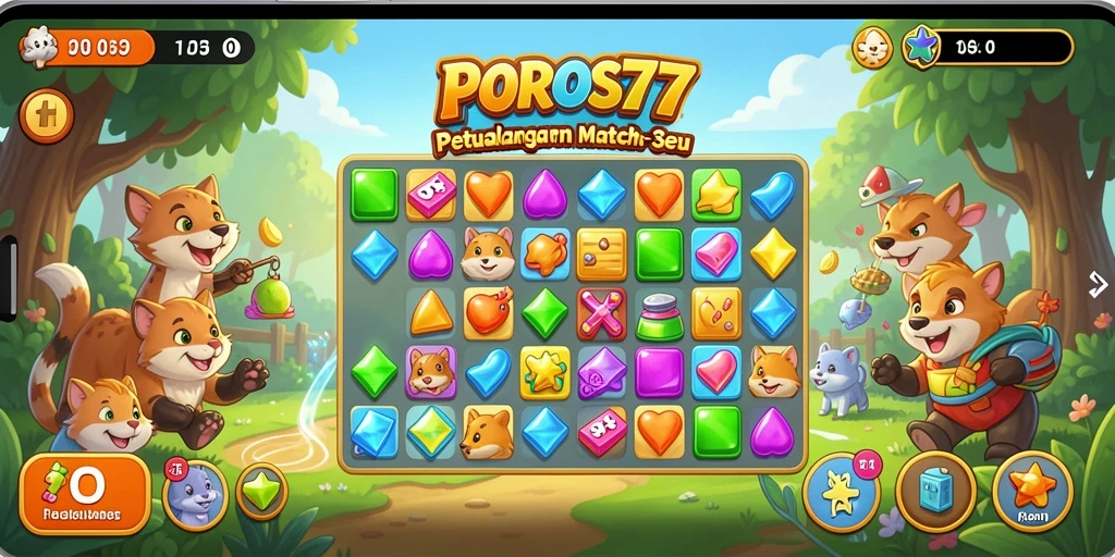 Tampilan gameplay seru dari POROS77 dalam aksi Match-3.