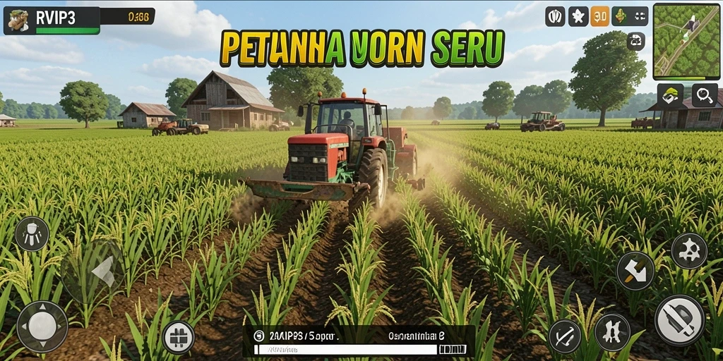 Screenshot gameplay RVIP3 menampilkan ladang pertanian yang penuh warna.