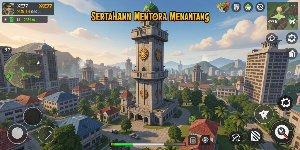 Gameplay XE77 dengan menara dan serangan musuh yang intens.