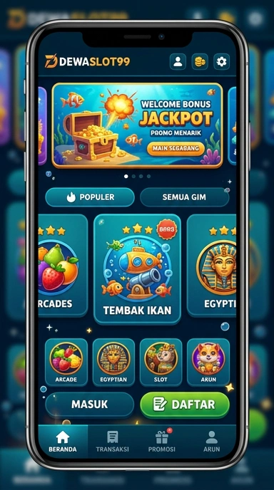 Tampilan utama aplikasi dewaslot99 dengan berbagai kategori pilihan.